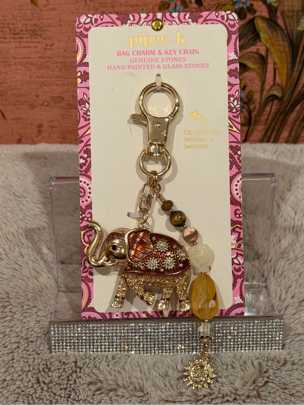Piper K Gold Elephant Bag Charm with Amber and Cream Beads